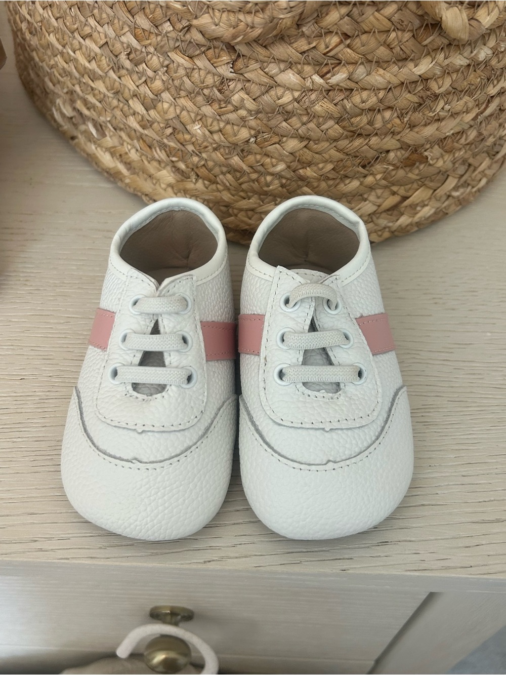 White and Pink Kids Leather Lace-Up Sneakers